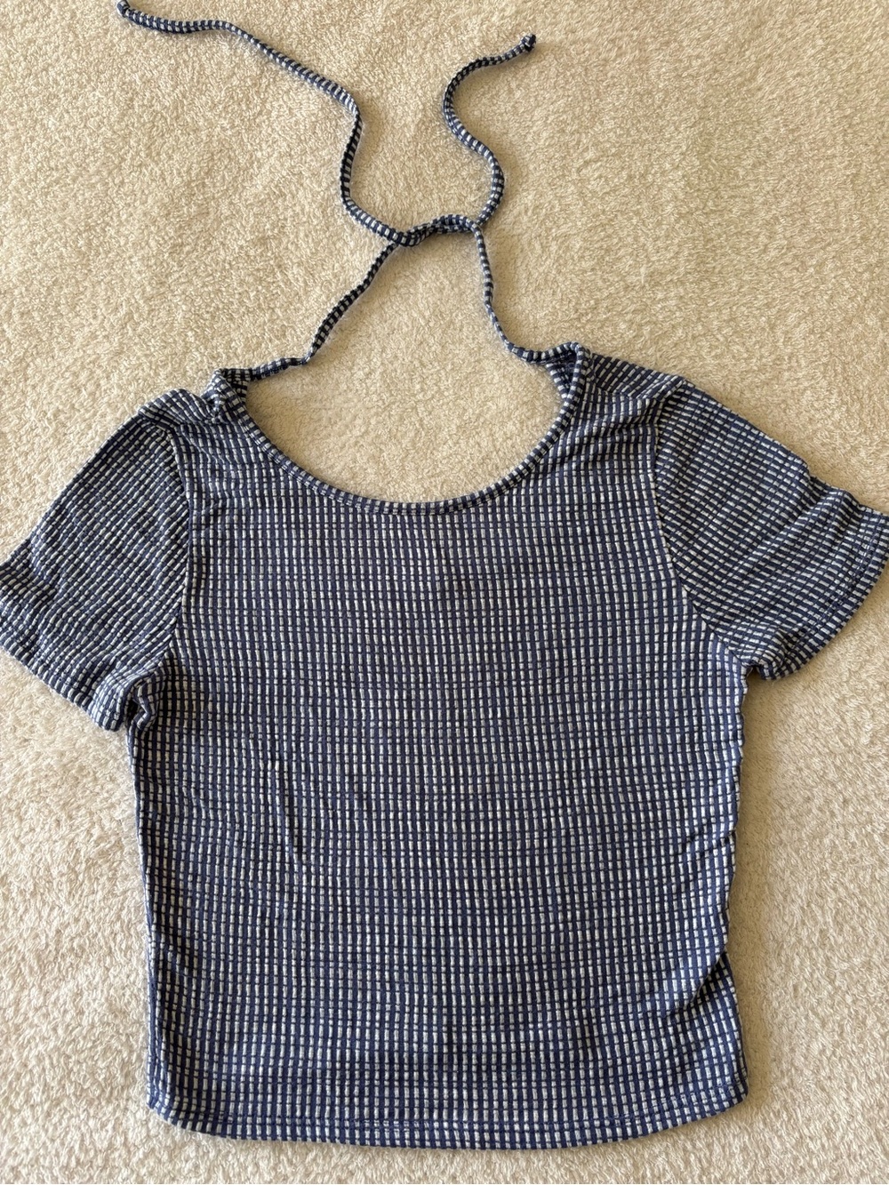 Caution To The Wind Navy and White Grid Cropped Short Sleeve Tee